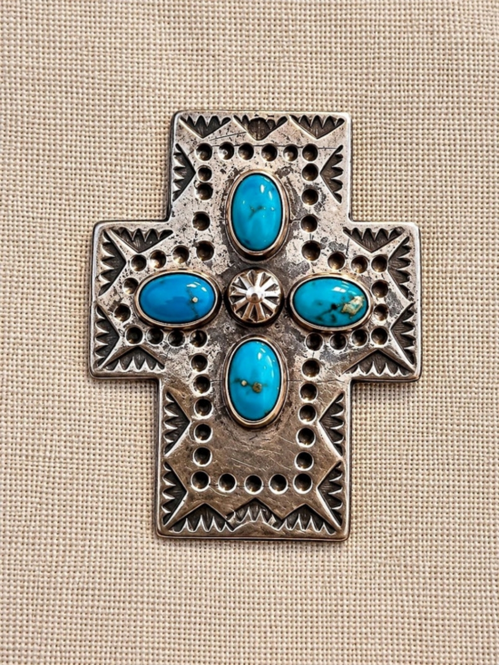 Vintage Navajo Sterling Silver & Turquoise Cross Pendant